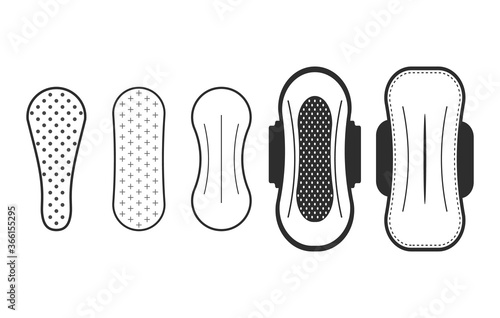 Women hygiene pads set of vector icons isolated on white background. Hygiene pads types, feminine hygiene sanitary napkin products. Personal hygiene elements in flat style.