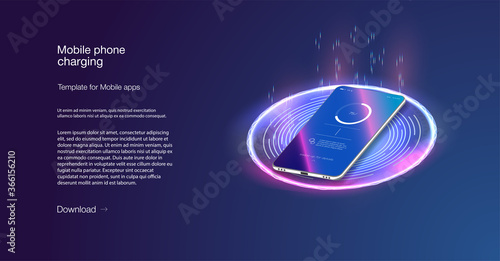 Futuristic phone is charged wirelessly on a blue background. Wireless charging. Wireless charging of the smartphone battery. Future concept. The progress of charging the battery of the phone. Vector