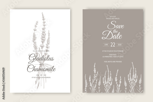 Vector wedding invitations set with lavender flowers. Romantic tender floral design for wedding invitation, save the date and thank you cards.