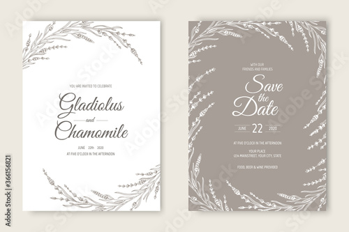 Vector wedding invitations set with lavender flowers. Romantic tender floral design for wedding invitation, save the date and thank you cards.