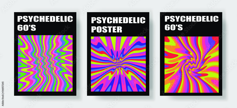Trippy Retro Covers with Bright Acid Rainbow Colors and Groovy Geometric Wavy Pattern in style of the 60s-70s. Poster template for Music Party.