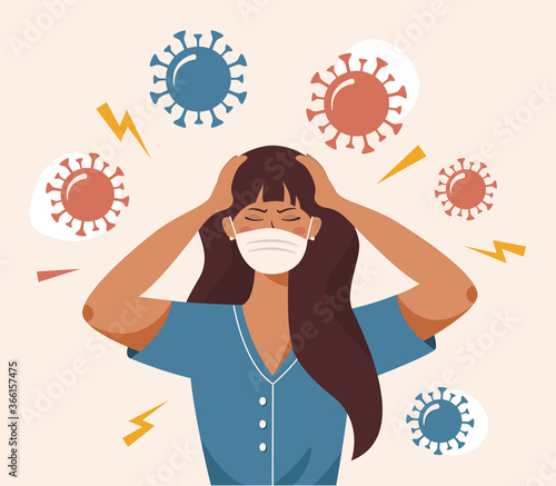 Flat vector illustration of a woman that clutches at head with both hands. Covid 19 causes headache, panic, fright, depression. Stress, irritation from coronavirus, badmood