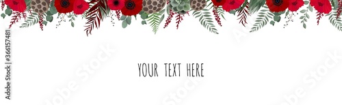 Horisontal botanical vector design banner. Eucalyptus, succulents, flowers, greenery. Natural spring card or frame.