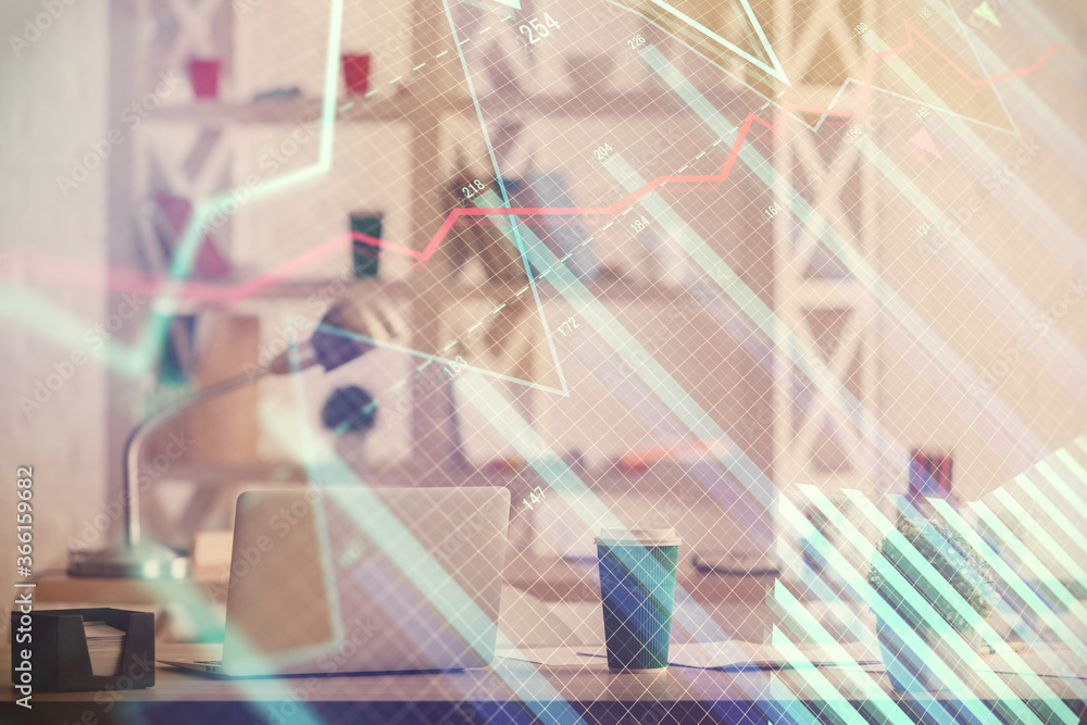 Double exposure of stock market graph drawing and office interior background. Concept of financial analysis. Double exposure of stock market graph drawing and office interior background. Concept of financial analysis.