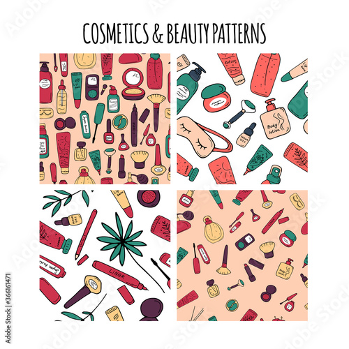 Cosmetics and beauty patterns. Make up and skin care textures. Backgrounds for print and web. Cute cosmetics products and accessories. Vector illustration