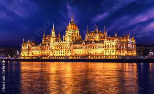 Impressively beautiful night scenery. Incredible Evening View of Budapest parliament of night, Hungary. Wonderful Cityscape with Starry sky. Popular travel destination and best place for photographers