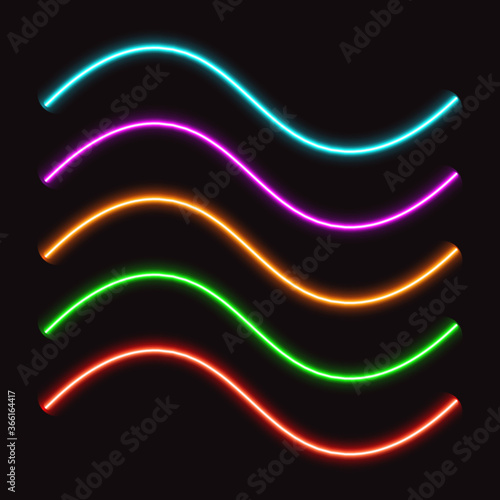 Neon wavy lines, led neon tube, vector illustration.