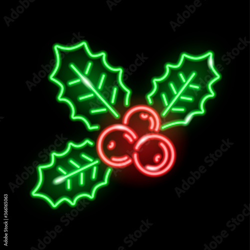 Neon icon of Cristmas holly with berry and leaves isolated on black background. Christmas, winter, New Year concept. Vector 10 EPS illustration.