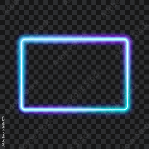 Colorful neon rectangle frame on transparent background, vector illustration.