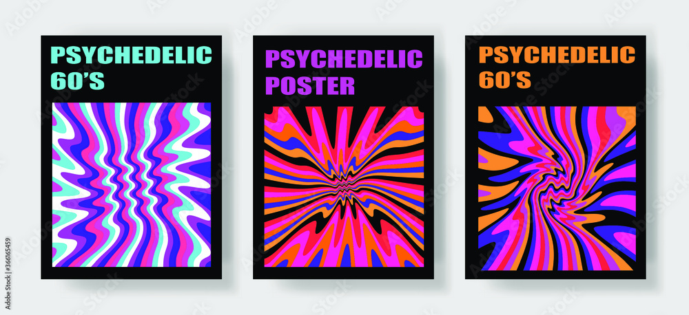 Trippy Retro Covers with Bright Acid Rainbow Colors and Groovy Geometric Wavy Pattern in style of the 60s-70s. Poster template for Music Party.