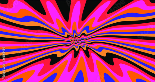 1960s Hippie Wallpaper Design. Trippy Retro Background for Psychedelic 60s-70s Parties with Bright Acid Rainbow Colors and Groovy Geometric Wavy Pattern in Pop Art style.