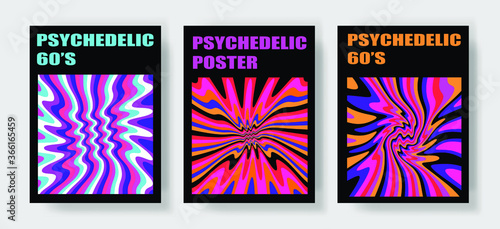 Trippy Retro Covers with Bright Acid Rainbow Colors and Groovy Geometric Wavy Pattern in style of the 60s-70s. Poster template for Music Party.