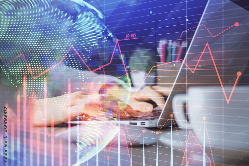 Double exposure of woman hands typing on computer and forex chart hologram drawing. Stock market invest concept. Double exposure of woman hands typing on computer and forex chart hologram drawing. Stock market invest concept.