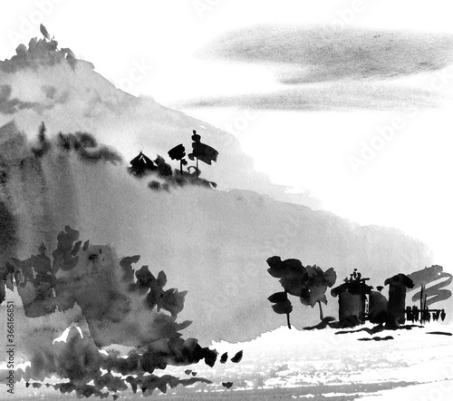 Watercolor painted asian landscape