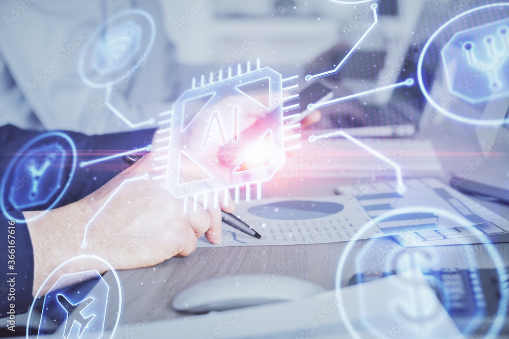 Double exposure of man's hand holding and using a digital device and data theme hologram drawing. Technology concept. Double exposure of man's hand holding and using a digital device and data theme hologram drawing. Technology concept.