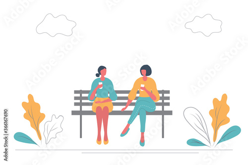Young women drink coffee on a bench in a park. They are chatting with each other. There are also plants and clouds in the picture. Flat style. Vector illustration