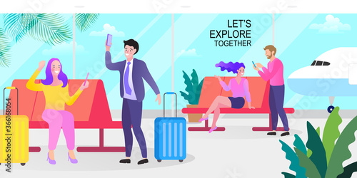 Man and Woman with Luggage Waiting Takeoff in Airport Departure Hall Lounge. flat cartoon vector illustration.