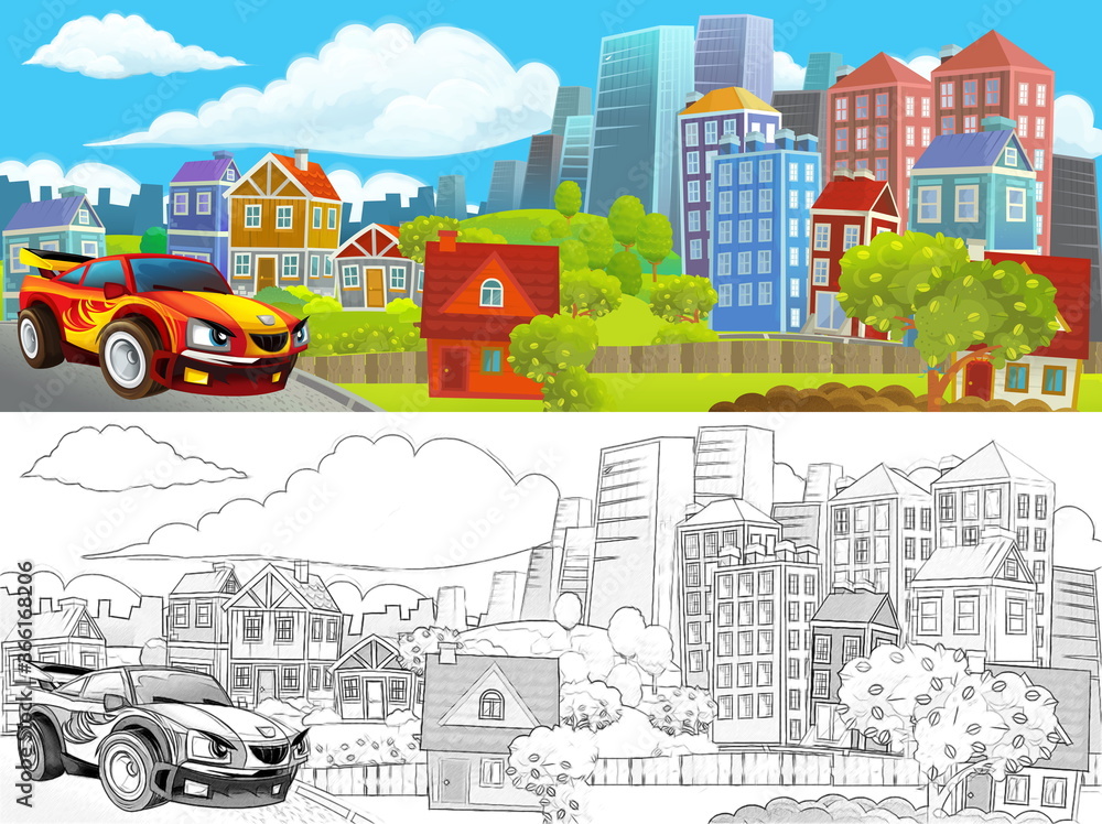 Naklejka premium cartoon scene with sketch of the middle of a city with car