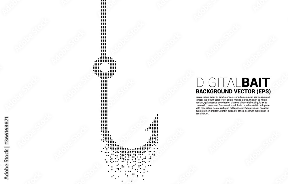 Fototapeta premium vector fishing hook from pixel transform. Concept of digital scam and fraud in business.