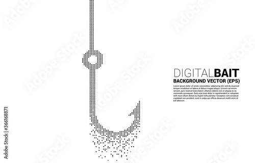 vector fishing hook from pixel transform. Concept of digital scam and fraud in business.