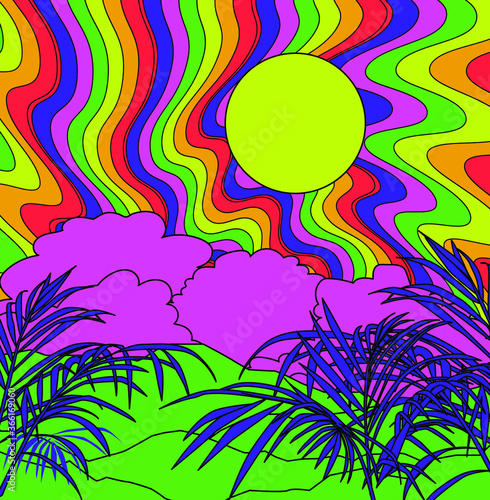 Mountain landscape in psychedelic 60's - 70's style.