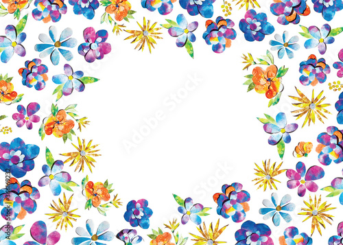 Summer happy colorful watercolor painted paper-cut flowers border frame ornament illustration. A4 A5 A3 international paper slide poster card with free blank copy space for text © foxberry