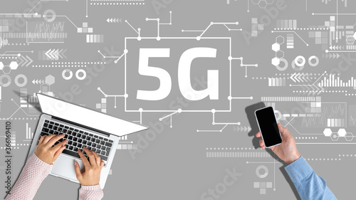 5G networks concept with abstract graphics on gray background