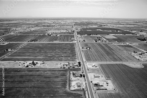 Agricultural land on the Reservation viewed from above in Black & White photo