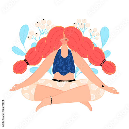 Meditating redhead woman. Concept of meditation. Girl with braids sits in the lotus position. Character design. Balance and harmony. Flat style. Banner, poster, advertising. Vector illustration, eps10