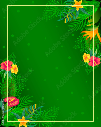 Abstract leaves background with neon frame free vector