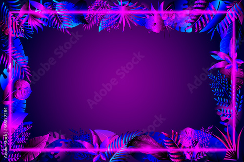 Abstract leaves background with neon frame free vector