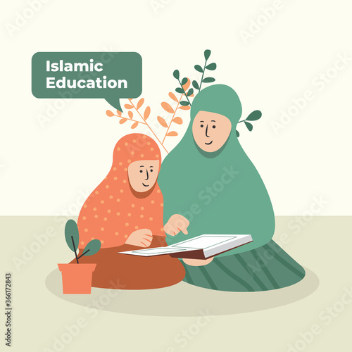 vector illustration of islamic education - muslim student dan teacher reading quran holy book