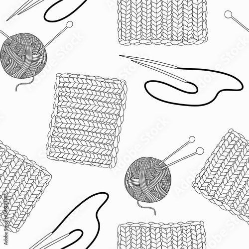 Seamless pattern on the theme of needlework. Knitting on needles. Vector illustration of balls, knitting needles, knitting patterns, English elastic band, and so on. Doodle style, flat design.