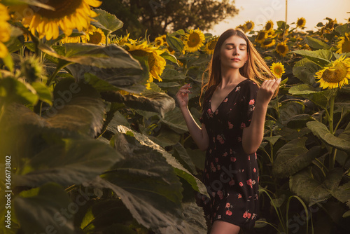 A Women in a short summer sundress poses against the background of a sunflower field, expressive and emotional summer portraits in the rays of the sunset on a background of flowers