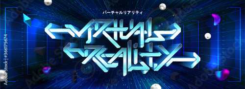 Futuristic illustration Virtual Reality with 3D letters in volumetric simulation with abstract elements. Virtual reality logo, digital design.
VR, AR concept. Blue Trendy stylish in cyberpunk poster