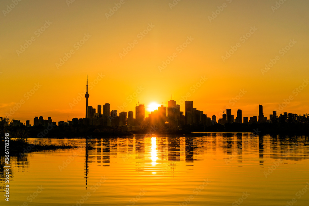 Toronto skyline with a golden sunset