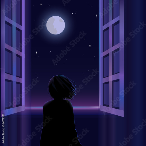 Silhouette of a little child is standing near the window and looking at the moon and starry sky. Vector illustration.