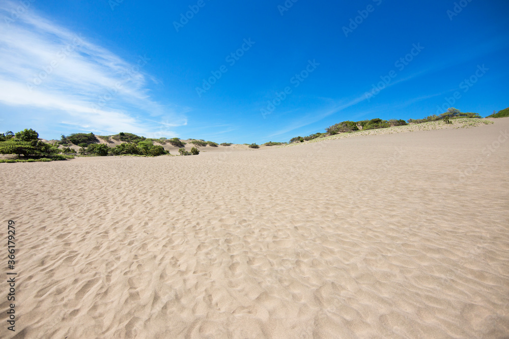 Desert sand dunes of Baní and clear blue sky. National park in Dominican Republic