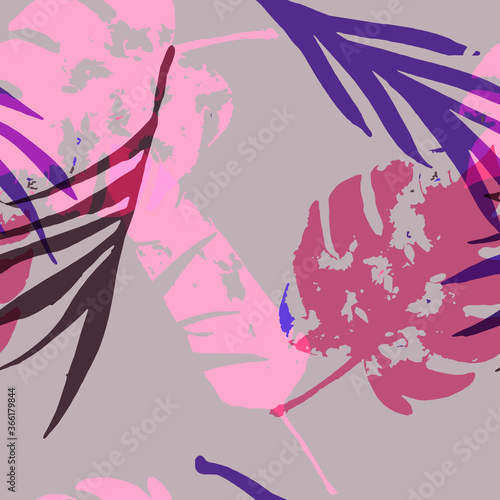 Palm, Banana Leaves Vector Seamless Pattern, Blue Pink Purple Indigo Floral Textile. Trendy 