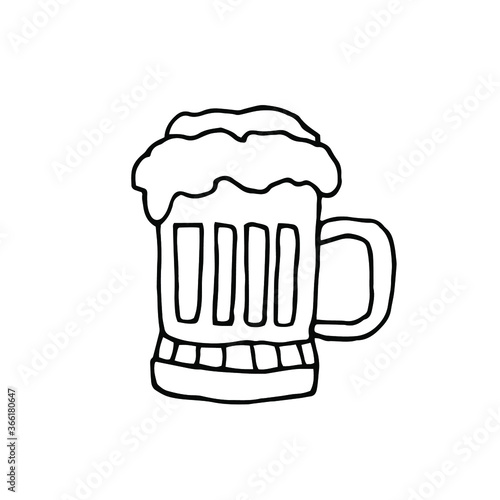 Hand Drawn Mug With Froth Bubble Beer Drink Vector. Full Mug With Handle And Alcoholic Fresh Cold Brewery Liquid Light Ale. Closeup Monochrome Black And White Template Cartoon Illustration
