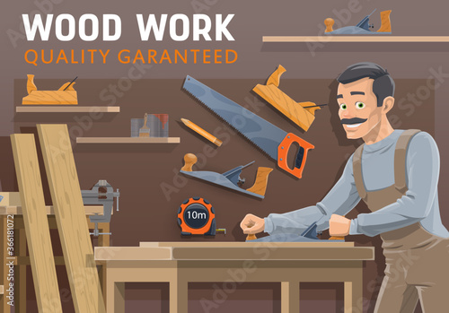 Carpentry or woodwork industry, vector construction. Cartoon carpenter or joiner working with woodworking tools at workshop, jack planes, saw and wood boards, tape measure, bench vice and planks