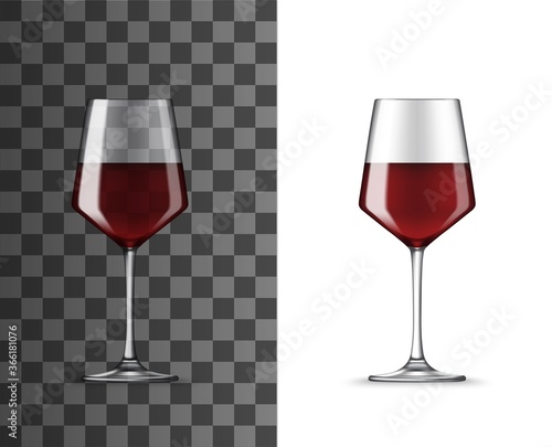 Wine glass with red wine realistic vector mockup on transparent background. Clear wineglass, tempranillo cup or goblet 3d template, winery, bar or restaurant glassware for grape alcohol beverage