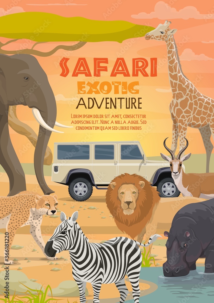 African safari, vector hunting sport and animals. Lion, elephant and antelope, hippo, giraffe and zebra, cheetah or leopard animals and hunter car, African safari tour and savannah adventure themes - obrazy, fototapety, plakaty 