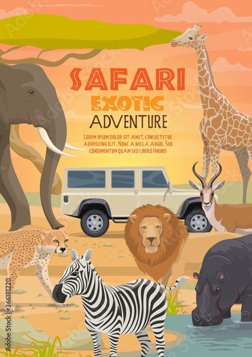 African safari, vector hunting sport and animals. Lion, elephant and antelope, hippo, giraffe and zebra, cheetah or leopard animals and hunter car, African safari tour and savannah adventure themes