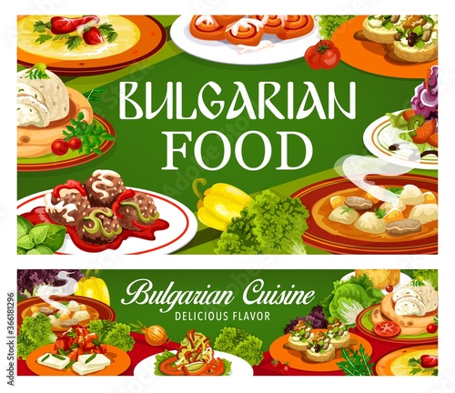 Bulgarian cuisine banners of vector meat and vegetable dishes with dessert. Pepper and beef soups, eggplant dip and lutenitsa with bread, bryndza zucchini toast, cinnamon bun, cabbage salad, meatballs