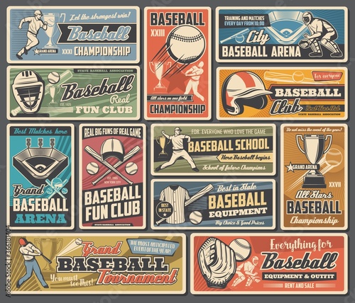 Baseball sport retro posters with vector balls, bats and players. Basketball team sport game play league tournament trophies or champion cups, stadium field with base and equipment, cap, glove, jersey