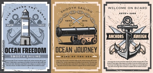 Nautical anchor and sailboat retro posters of vector sailing sport, marine travel and journey. Sea and ocean sail ships, anchors and chains, vintage lighthouse, swords, cannon and cannonballs