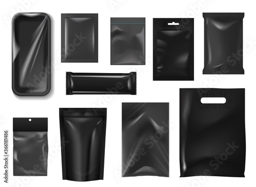 Plastic packs and bags realistic mockup of vector food packages. Black foil pouch, sachet, stand up and pocket bags, flow pack, doypack and styrofoam tray with zipper, plastic wrapping and hang slot