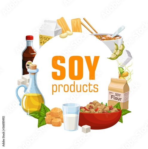 Soy food product with vector soybean tofu, soya milk and oil, tempeh, soy sauce bottle, flour bag and noodle bowl, legume meat skin, green pods and sprouted beans. Vegetarian food of Asian cuisine
