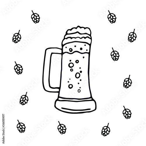 Hand Drawn Mug With Froth Bubble Beer Drink Vector. Full Mug With Handle And Alcoholic Fresh Cold Brewery Liquid Light Ale. Closeup Monochrome Black And White Template Cartoon Illustration